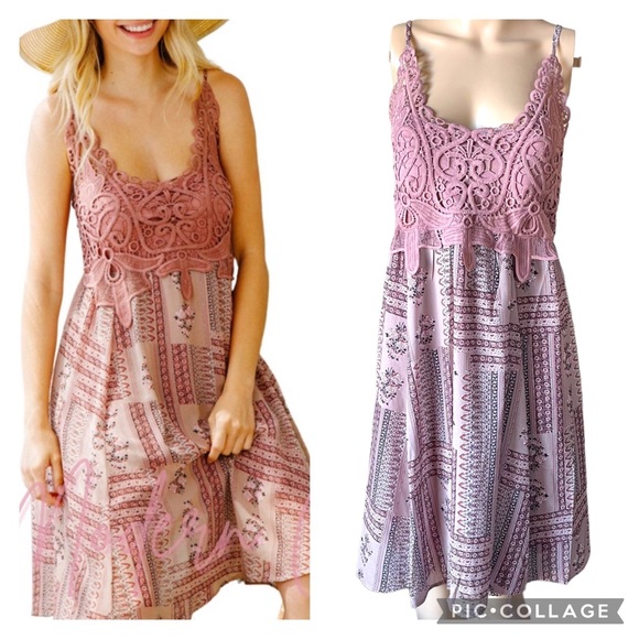 Modern Owl Mauve Pink/purple boho crochet spaghetti strap printed midi dress - Picture 1 of 13